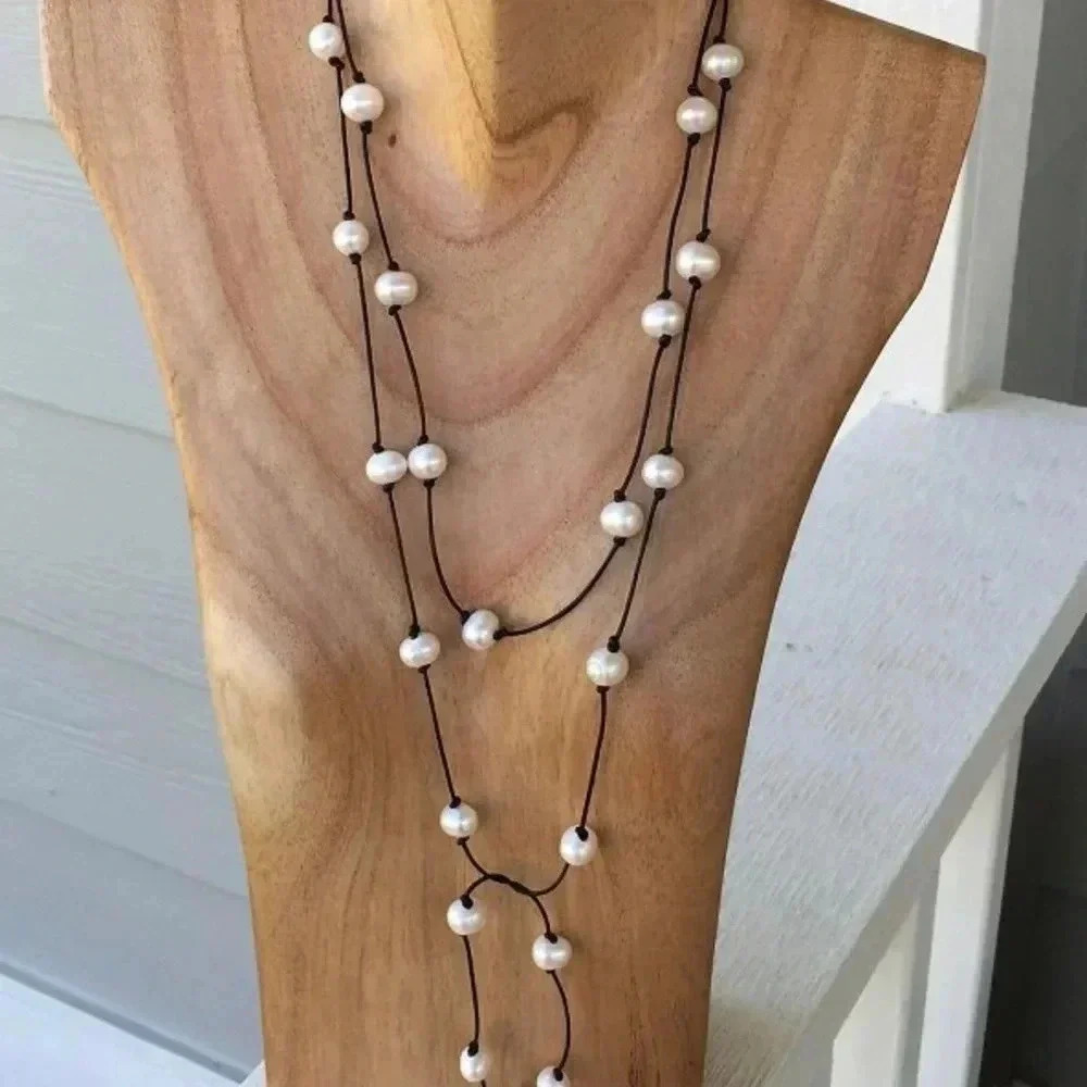 Leather and Pearls,White Cultured Freshwater Pearls ,June Birthday,